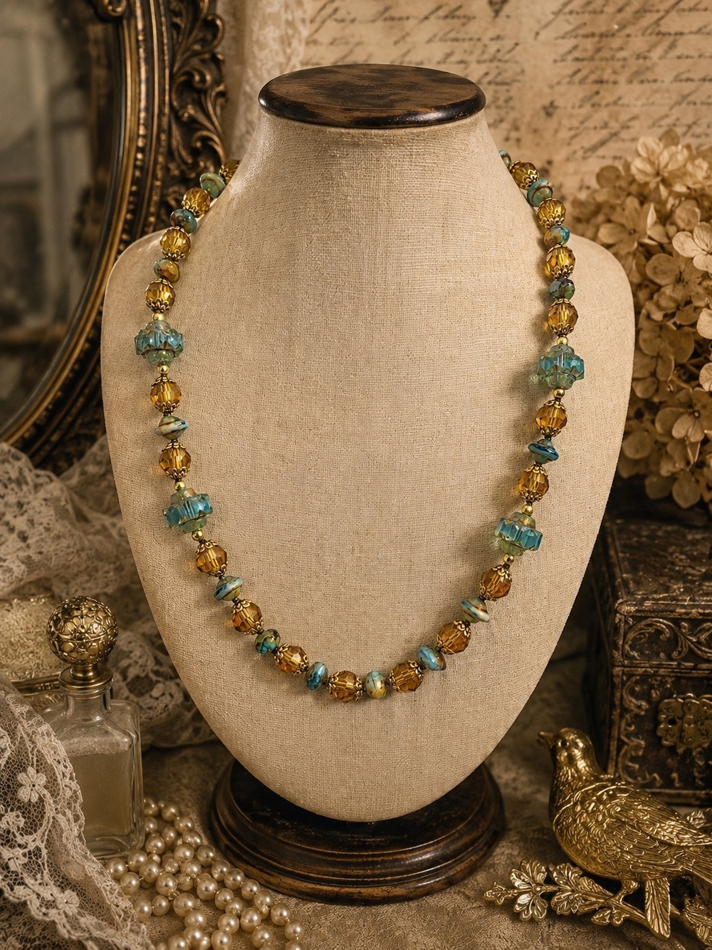 Handcrafted Blue & Gold Beaded Necklace